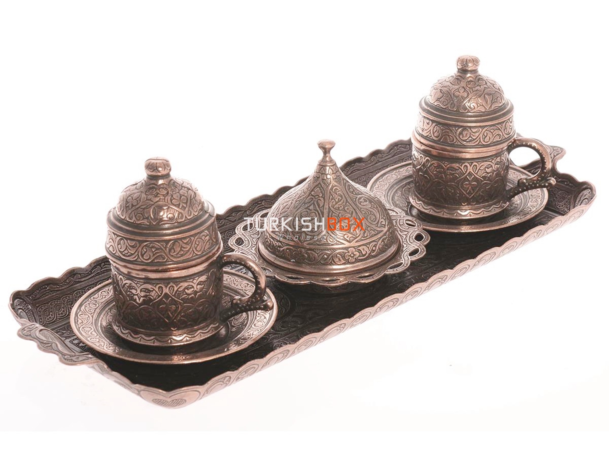  Turkish Copper Coffee Set for 2, Arabic Greek Coffee