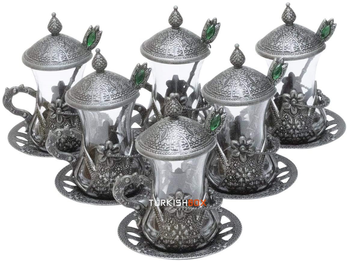 18 Pcs Silver Color Honeycomb Patterned Turkish Tea Glass with