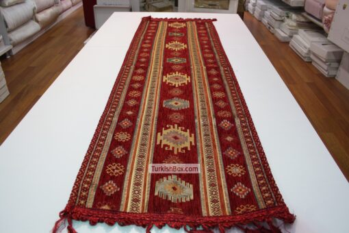 Red Kilim Patterned Turkish Table Runner