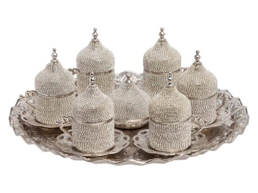 Shiny Silver Turkish Greek Arabic Coffee Espresso Cup Saucer Swarovski Crystal Set