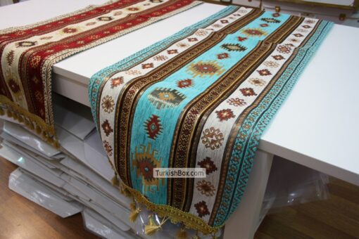 Turquoise Kilim Patterned Turkish Table Runner Unique Gift