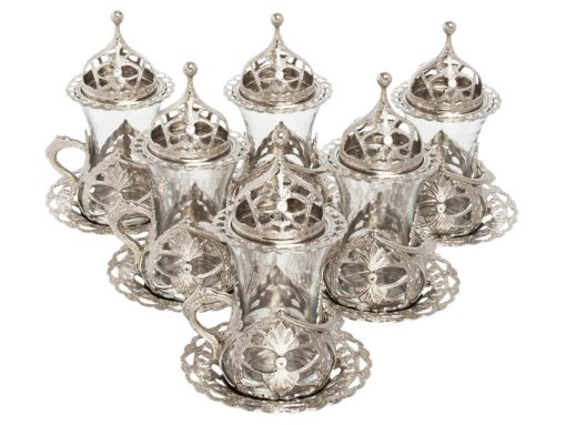 Turkish Tea Cup Set Roxolena Collection Antique Green Shiny Silver