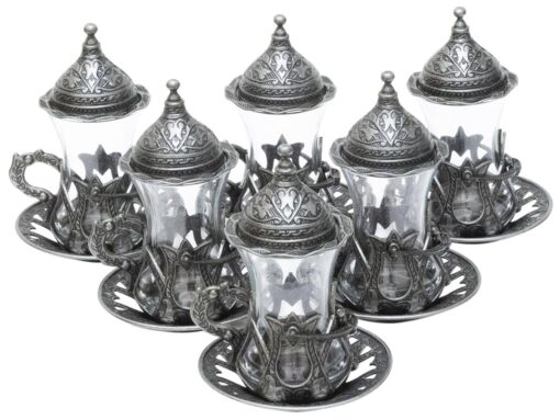 Turkish Tea Glass Set Hooked Collection Dark Silver