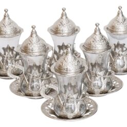 Turkish Tea Glass Set Hooked Collection Shiny Silver