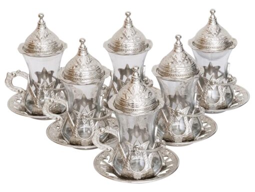 Turkish Tea Glass Set Hooked Collection Shiny Silver
