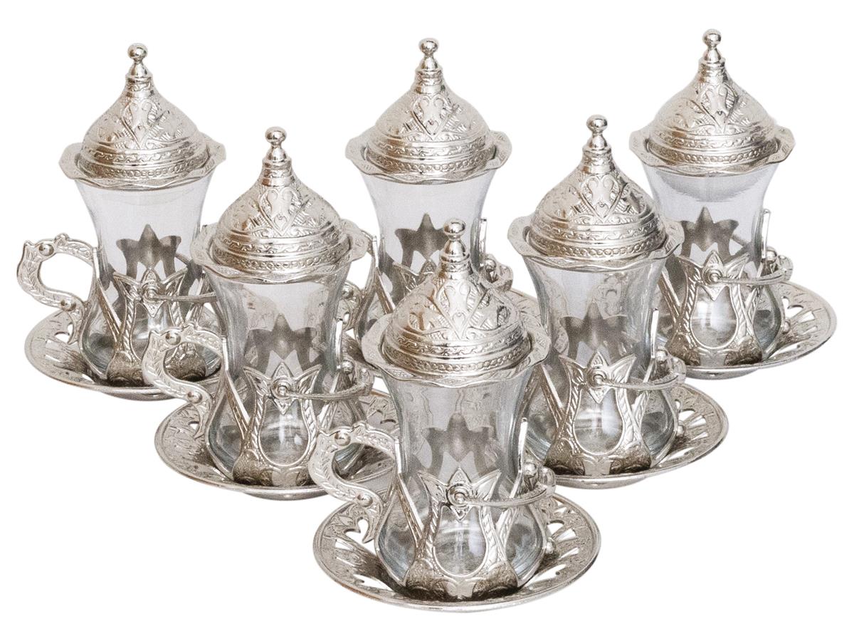 18 Pcs Silver Color Honeycomb Patterned Turkish Tea Glass with Mirra Cups  Set