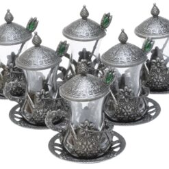 Turkish Tea Glasses with Spoon Dark Silver