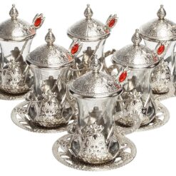 Turkish Tea Glasses with Spoon Shiny Silver