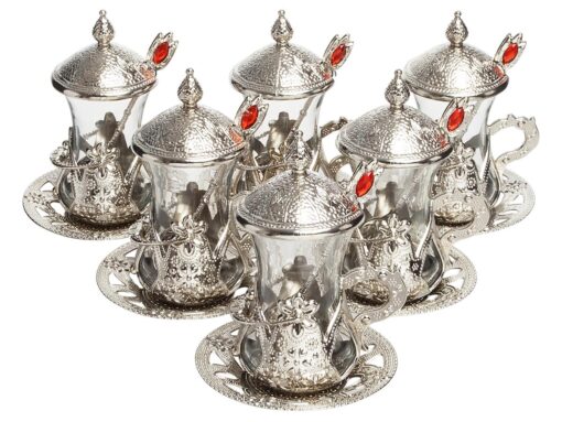 Turkish Tea Glasses with Spoon Shiny Silver