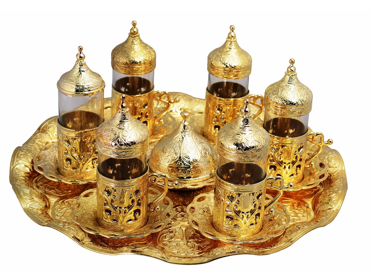 Handmade Turkish Tea Water Zamzam Serving Set Glasses Saucer Silver SET OF 6