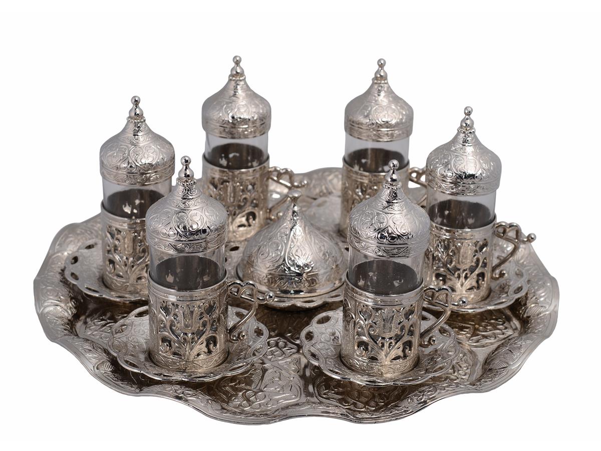 Handmade Turkish Tea Water Zamzam Serving Set Glasses Saucer Silver SET OF 6